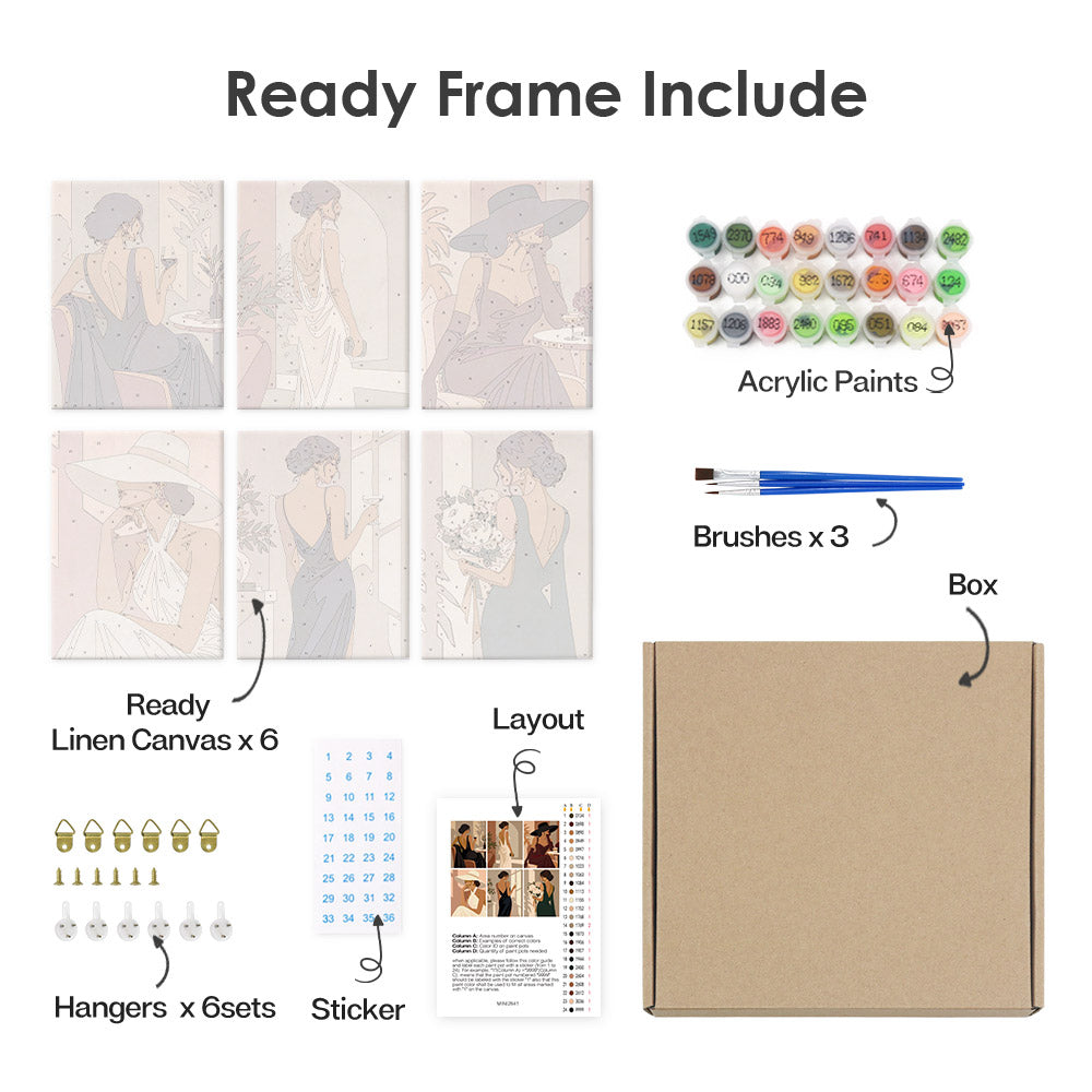 various art supplies and materials, including a ready frame, acrylic paints, brushes, a box, a layout, and a sticker.