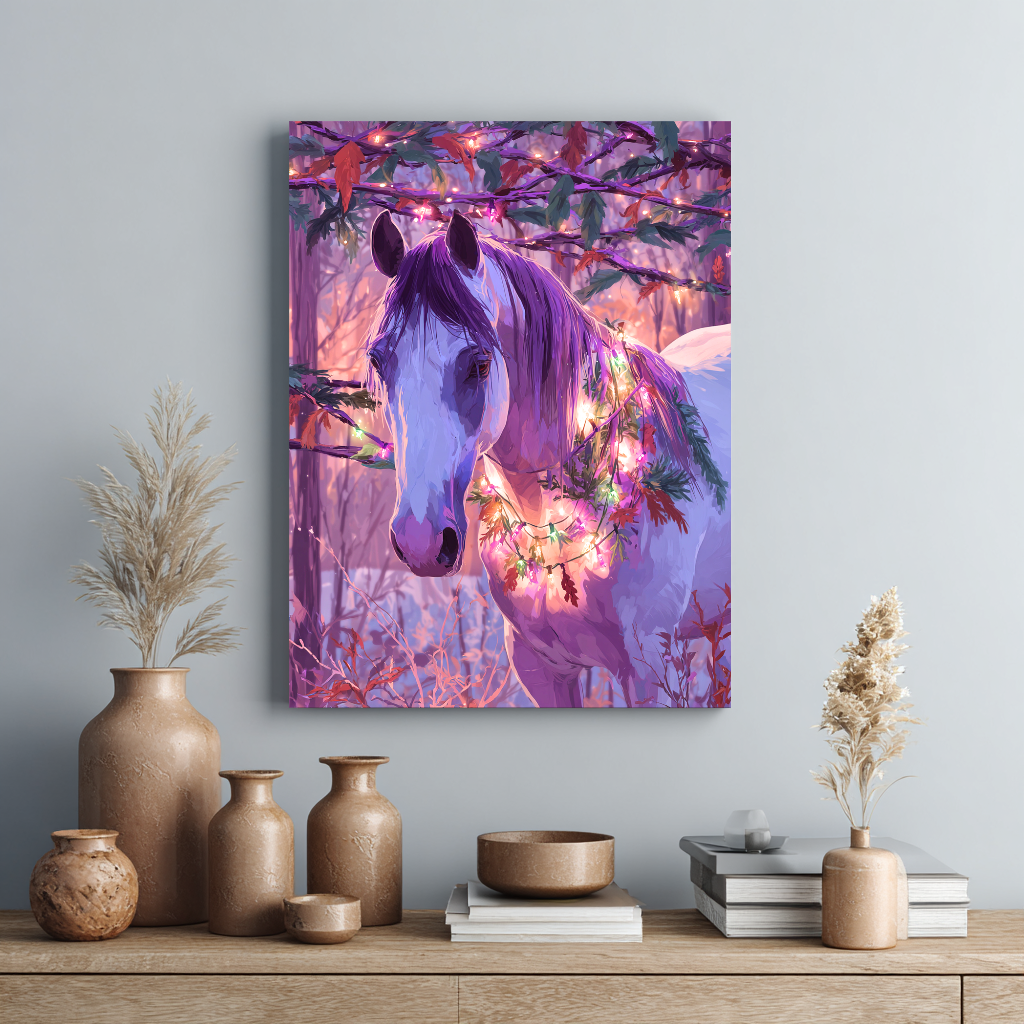 a large, colorful painting of a horse with a purple and pink background, surrounded by a festive, holiday-themed arrangement of lights and greenery.
