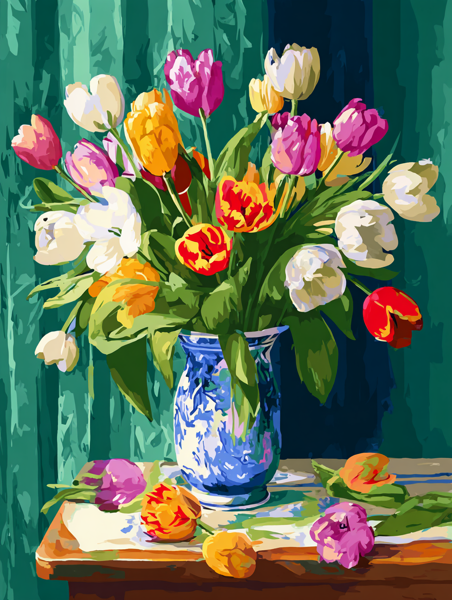 A vibrant bouquet of tulips in various colors, including white, pink, orange, and yellow, is displayed in a blue and white vase on a wooden table.