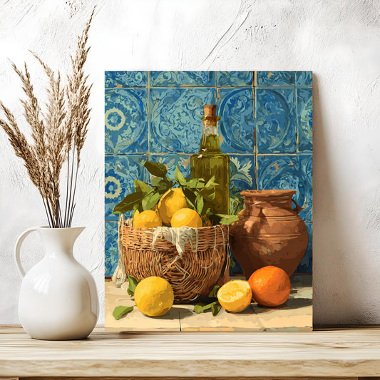 a still life composition with a basket of lemons, a bottle of olive oil, and a vase of dried flowers on a wooden surface.