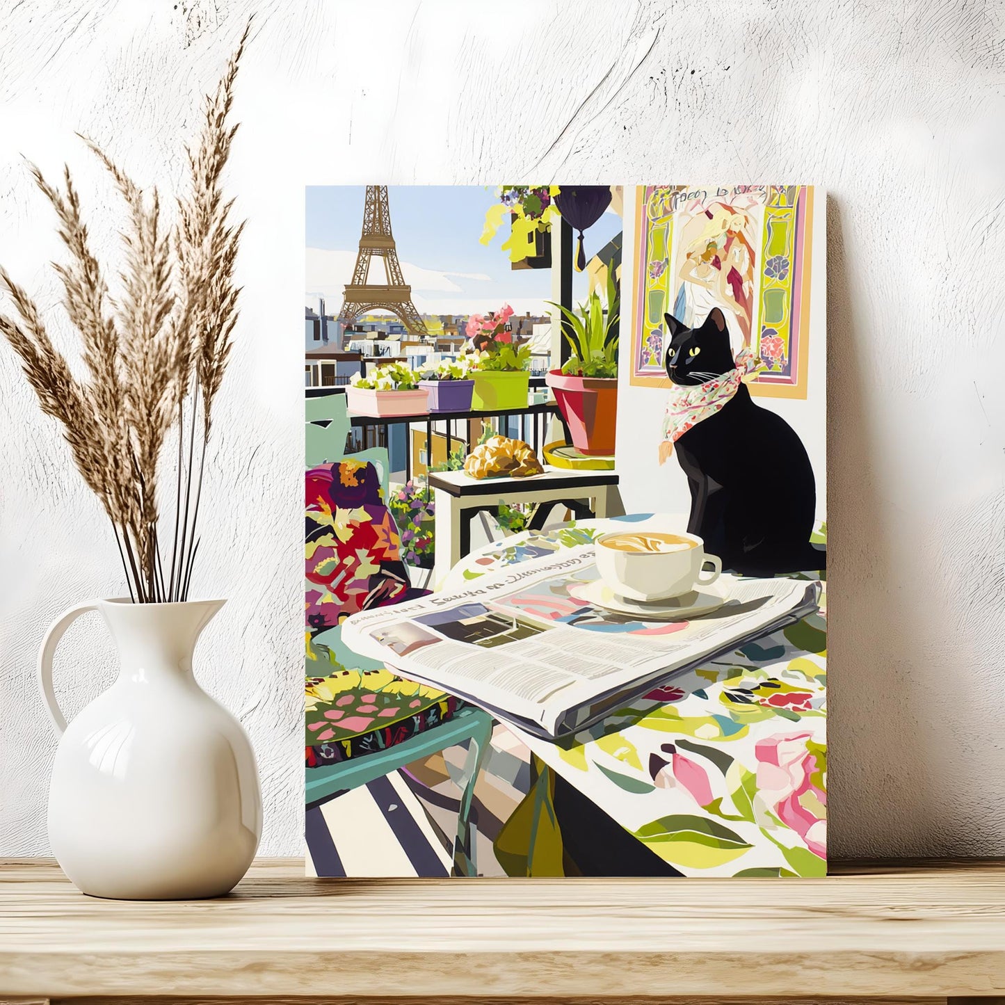 A black cat sits on a table with a newspaper, coffee cup, and flowers, with the Eiffel Tower visible in the background.