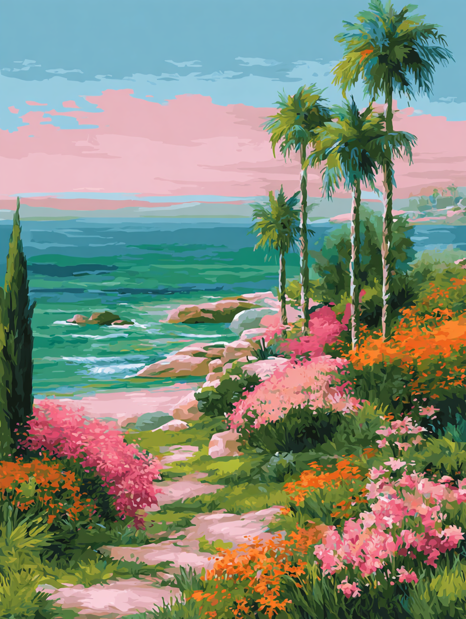 A vibrant tropical landscape with a path leading to a beach, surrounded by lush greenery, colorful flowers, and swaying palm trees.