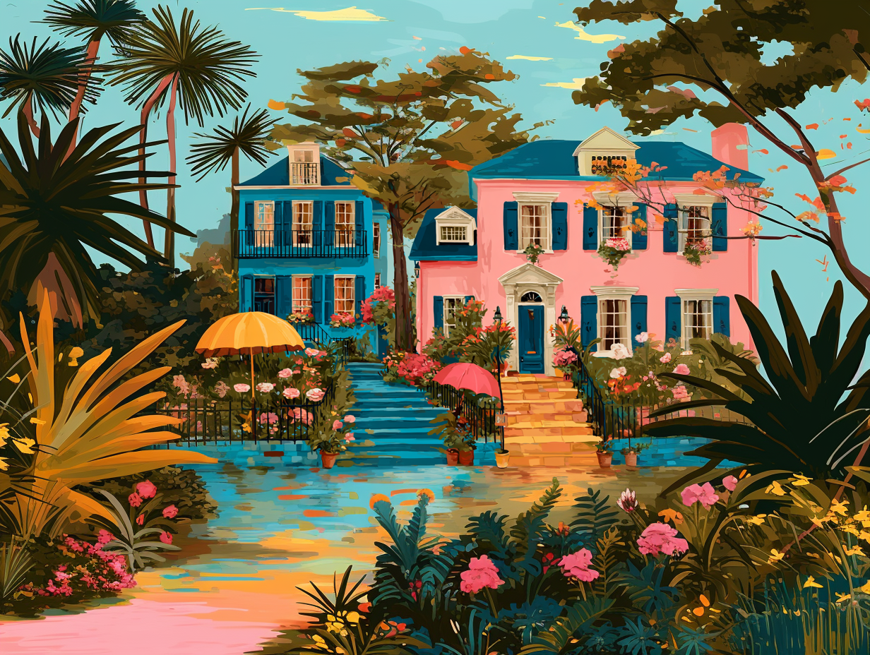 A colorful and vibrant illustration depicting a tropical house surrounded by lush greenery, flowers, and a winding path leading to the entrance.