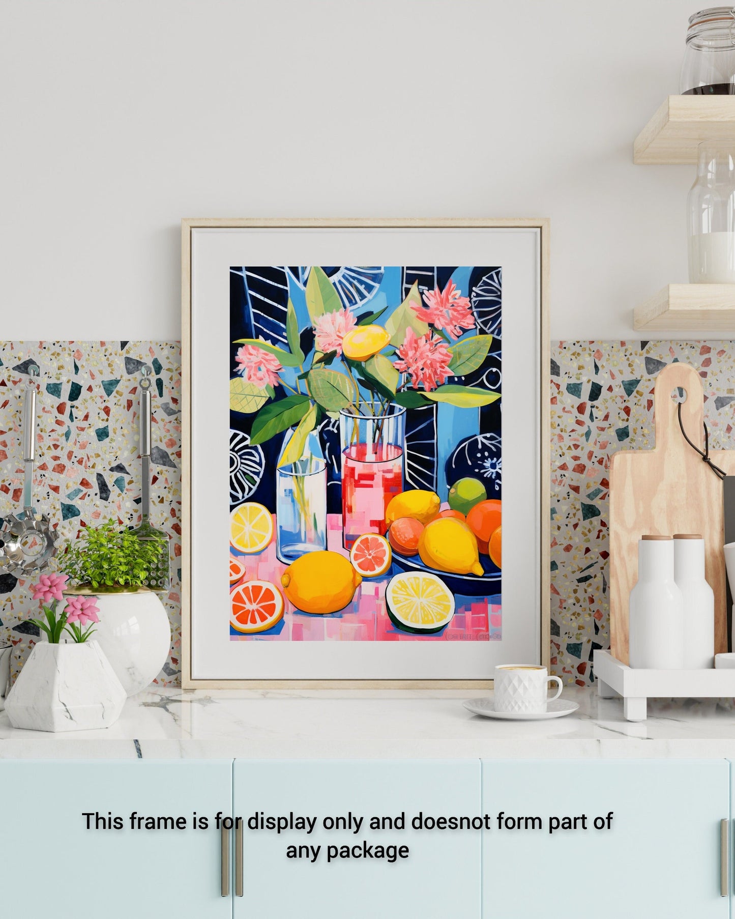Flower vase with fruits and lemons,