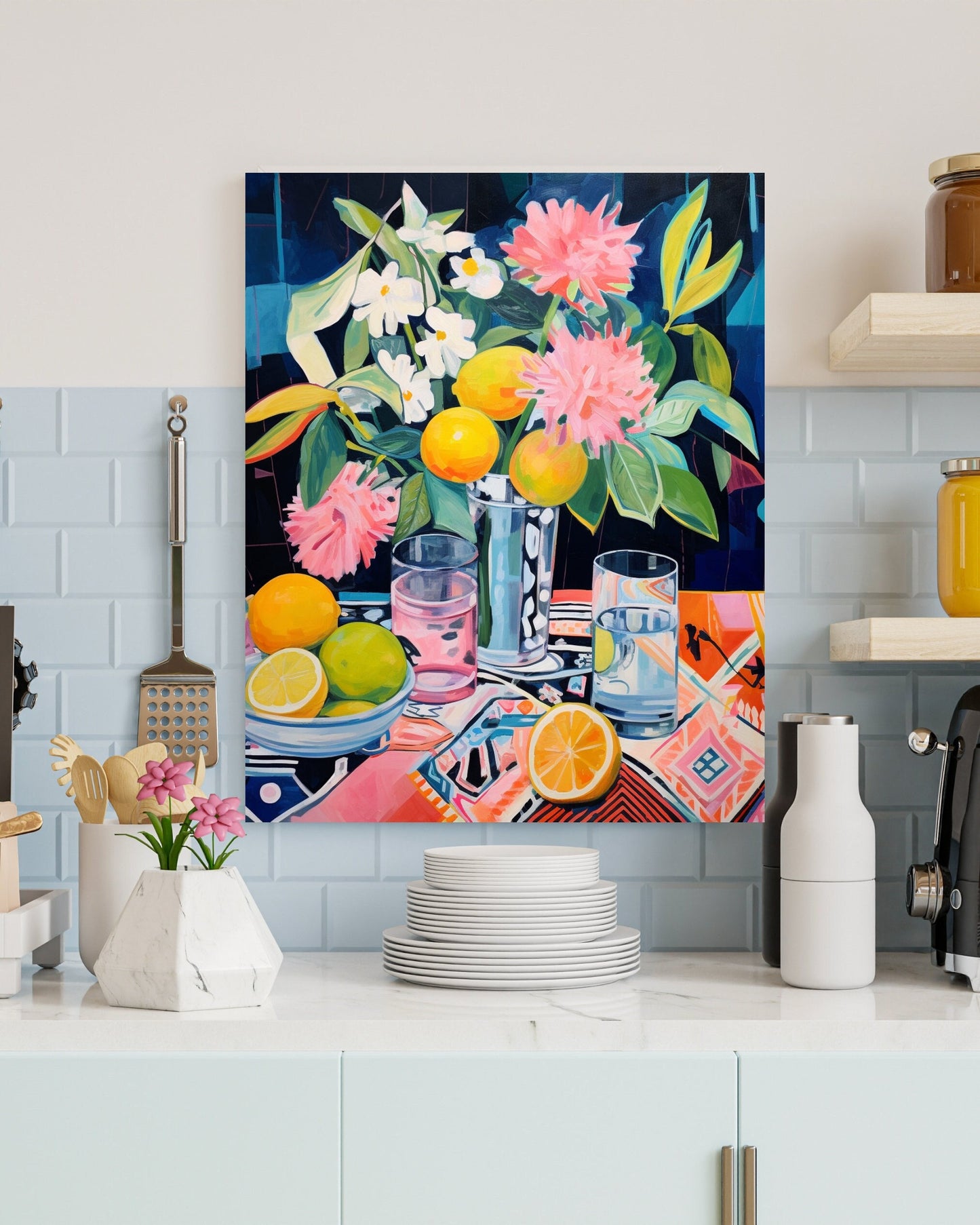 Still Life Pink White Lemons - Kitchen Decor
