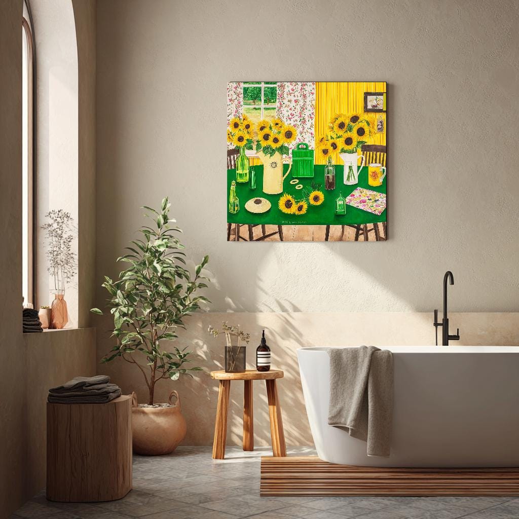 a bathroom with a large painting of a table and flowers on the wall, a potted plant, a wooden stool, and a white bathtub.