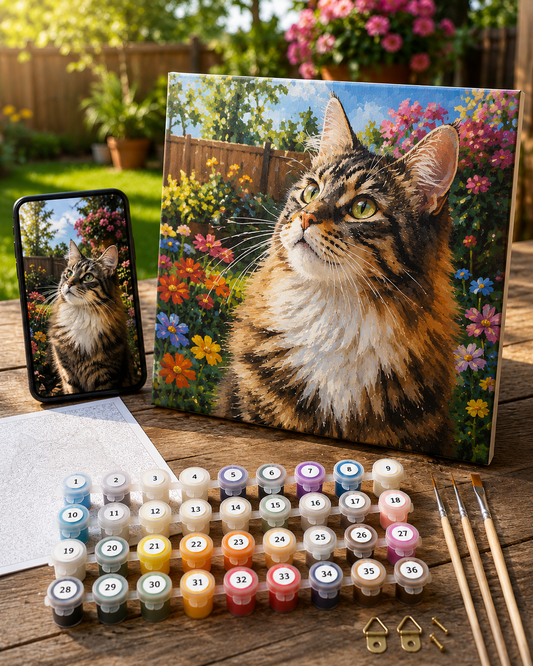 a painting of a cat surrounded by flowers, with a mobile phone displaying a similar image of the cat. There are also paintbrushes, paint tubes, and a paper on a wooden surface, suggesting an art project or painting session.