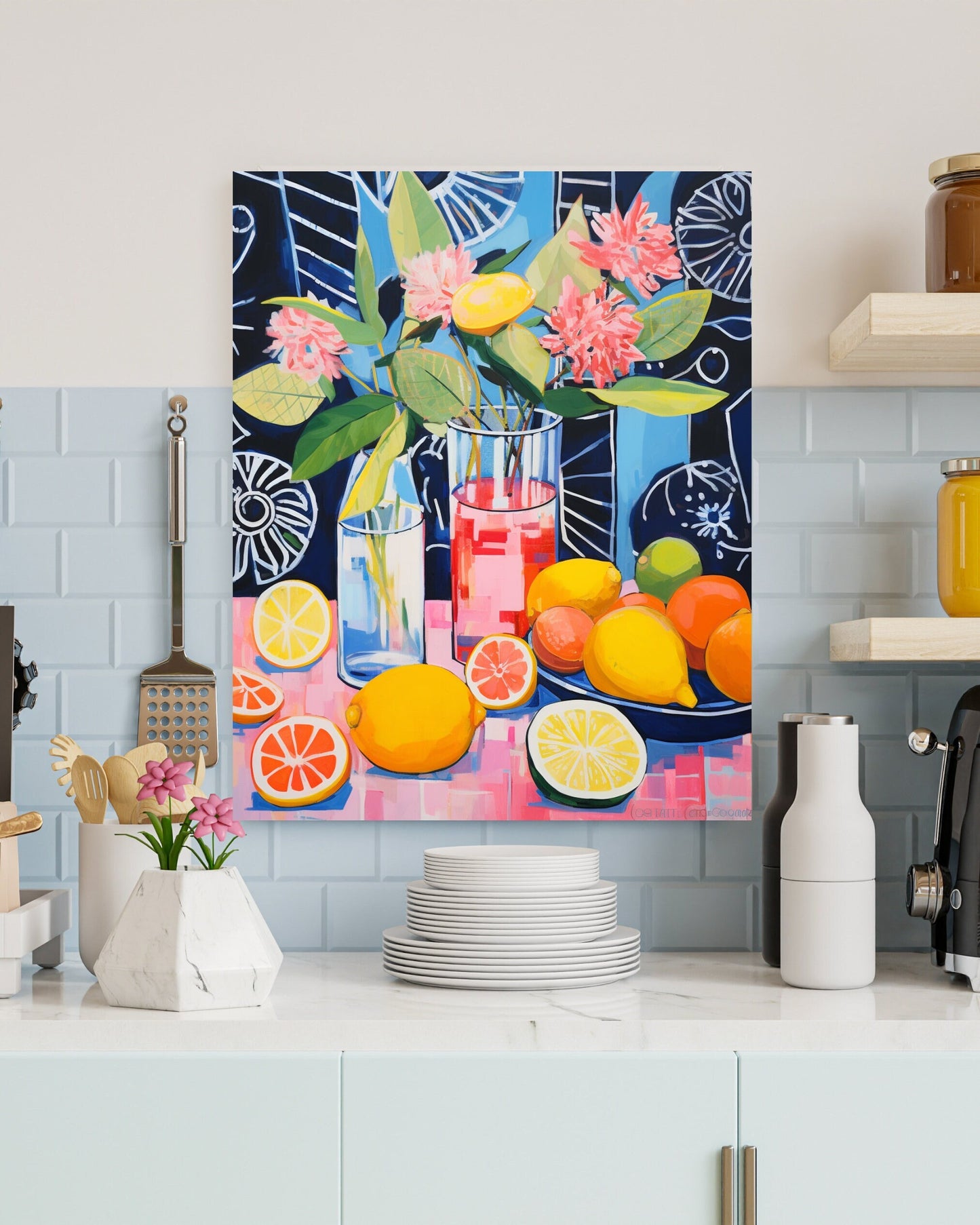 Flower vase with fruits and lemons,