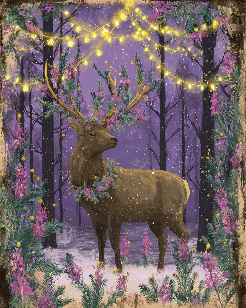 A deer stands in a snowy forest, surrounded by twinkling lights and lush greenery.