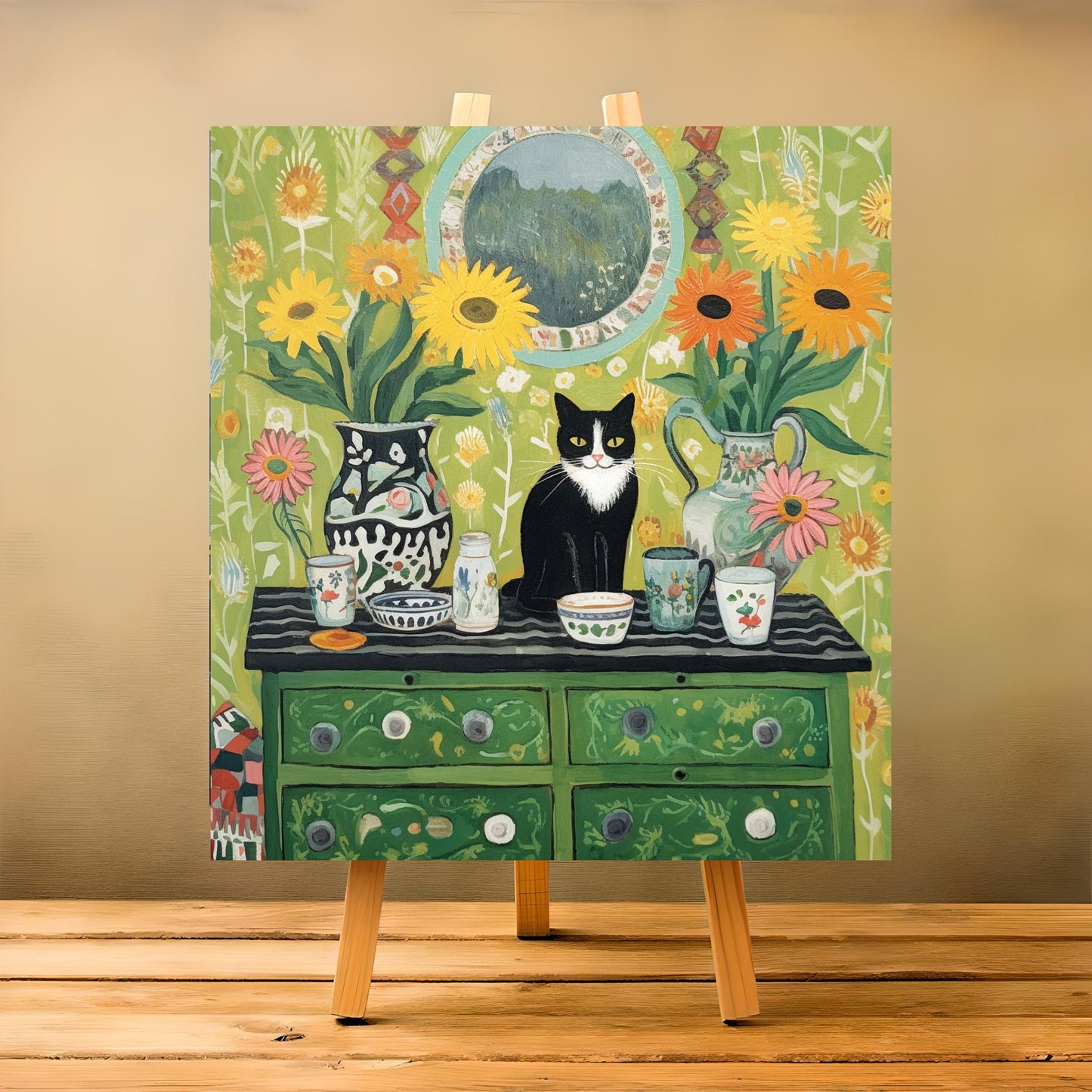 A black and white cat sitting on a dresser rt