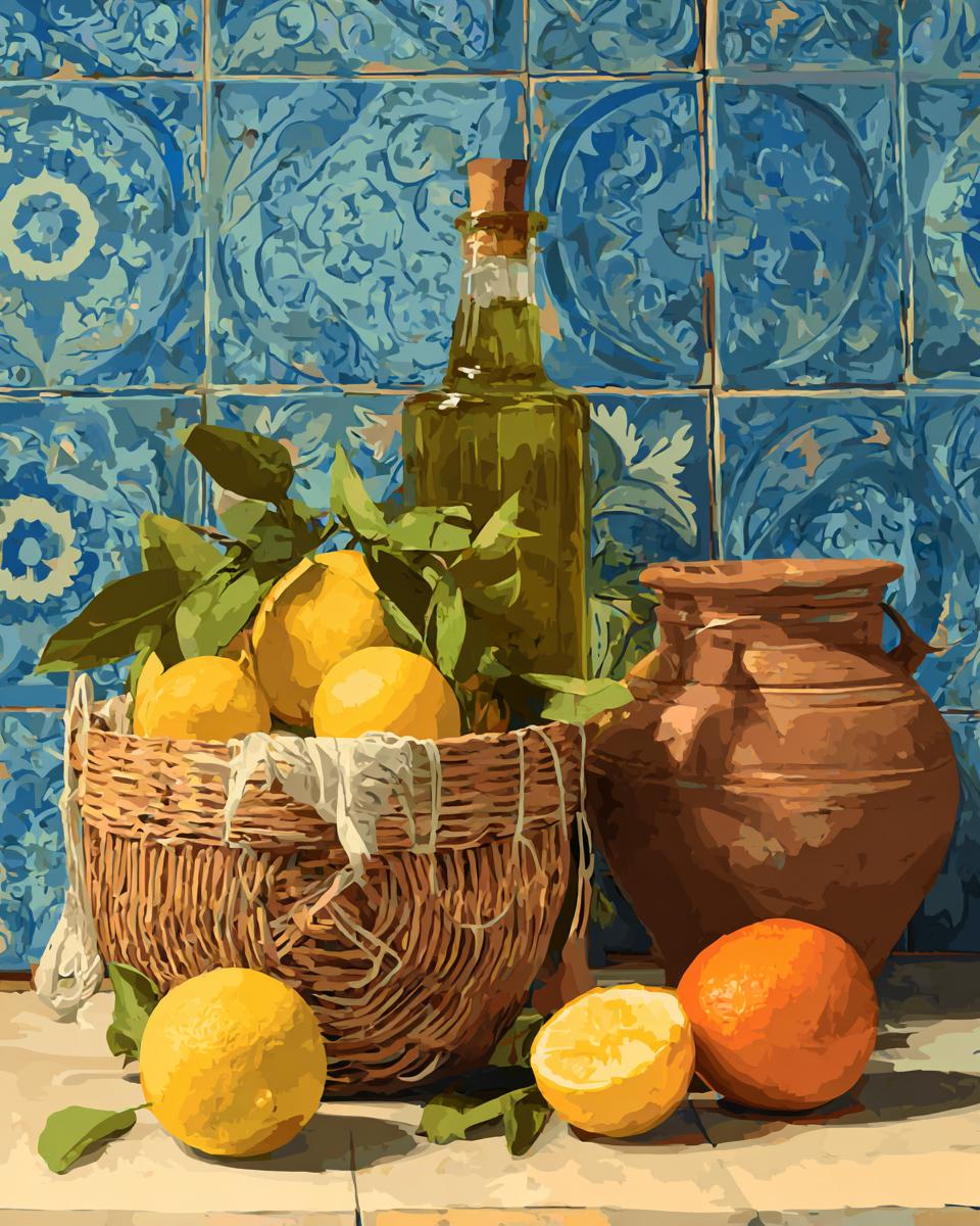 a still life arrangement featuring a basket of lemons, a bottle of olive oil, and two oranges, all set against a backdrop of blue tiles.