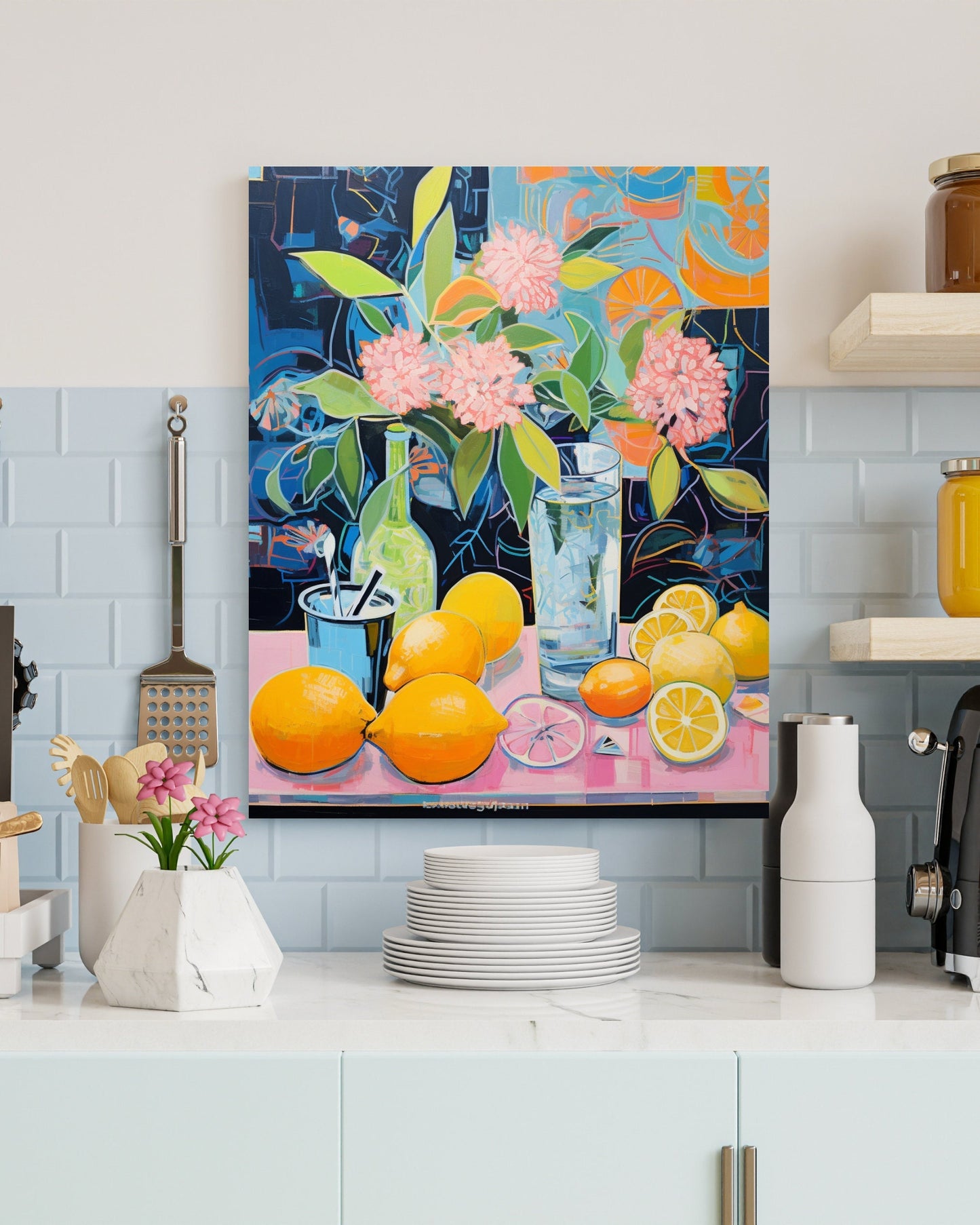 Lemons kept around glass sipper on table - Still Life