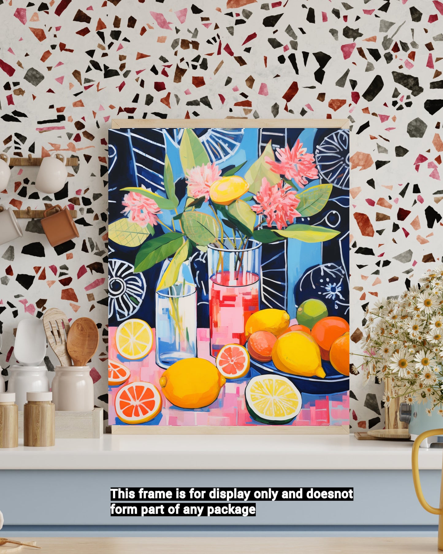 Flower vase with fruits and lemons,