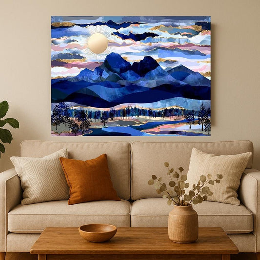 a large, colorful painting of a mountainous landscape with a sun and clouds in the sky, hanging on a wall above a beige sofa with decorative pillows.