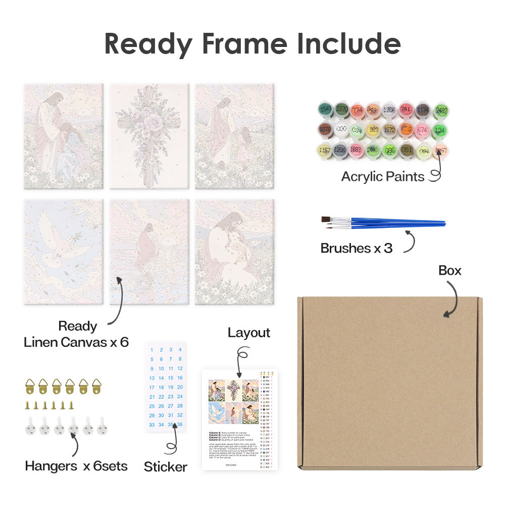 various art supplies and materials, including a ready frame, acrylic paints, brushes, a box, a layout, and a sticker.