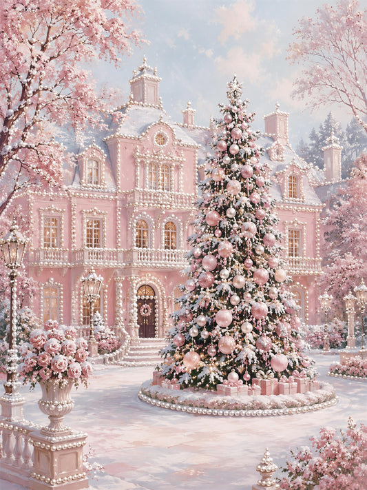 A large, elaborately decorated Christmas tree stands in front of a pink, ornate building with a wreath on the door. The tree is adorned with pink and white ornaments and surrounded by pink flowers. The scene is set against a backdrop of a clear blue sky with fluffy white clouds.