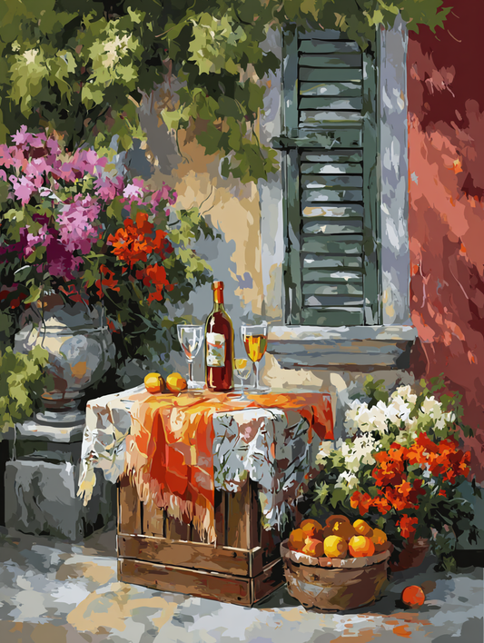 a cozy outdoor setting with a table set for a meal, featuring a bottle of wine, glasses, and a basket of fruit. The table is surrounded by a variety of colorful flowers and potted plants, creating a vibrant and inviting atmosphere.