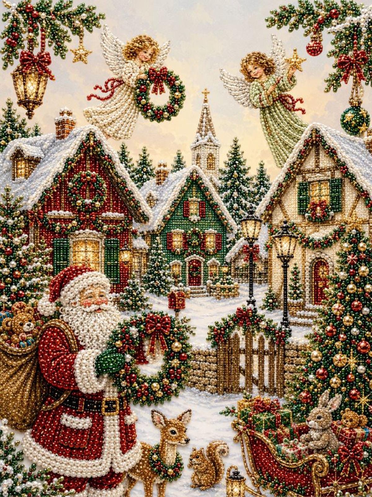 The image is a detailed and intricate embroidered or needlepoint-style illustration depicting a festive Christmas village scene. It features Santa Claus, angels, a deer, a squirrel, and a sleigh pulled by a reindeer. The village is adorned with Christmas decorations, including wreaths, lights, and ornaments. The overall composition and intricate details of the image create a sense of depth and complexity, making it a visually appealing and captivating representation of the holiday season.