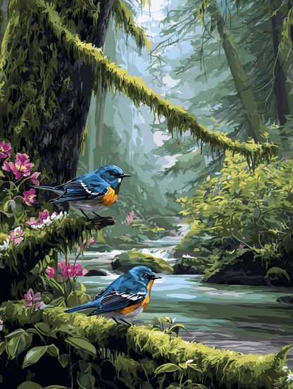 Two blue and orange birds perched on a mossy tree branch overlooking a river, surrounded by lush greenery and pink flowers.