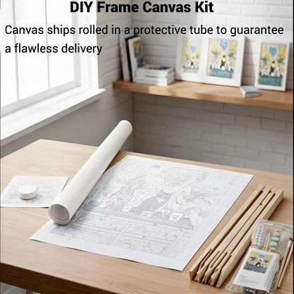 a DIY Frame Canvas Kit, which includes a roll of paper, a wooden frame, and various art supplies such as pencils and paintbrushes, all arranged on a wooden table.