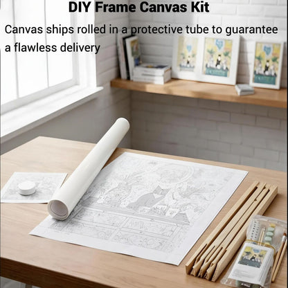 a DIY Frame Canvas Kit with a roll of paper and various art supplies, including pencils and paintbrushes, arranged on a wooden desk.