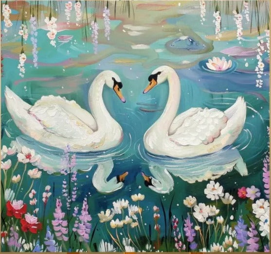 two white swans swimming in a pond surrounded by colorful flowers and lush greenery.