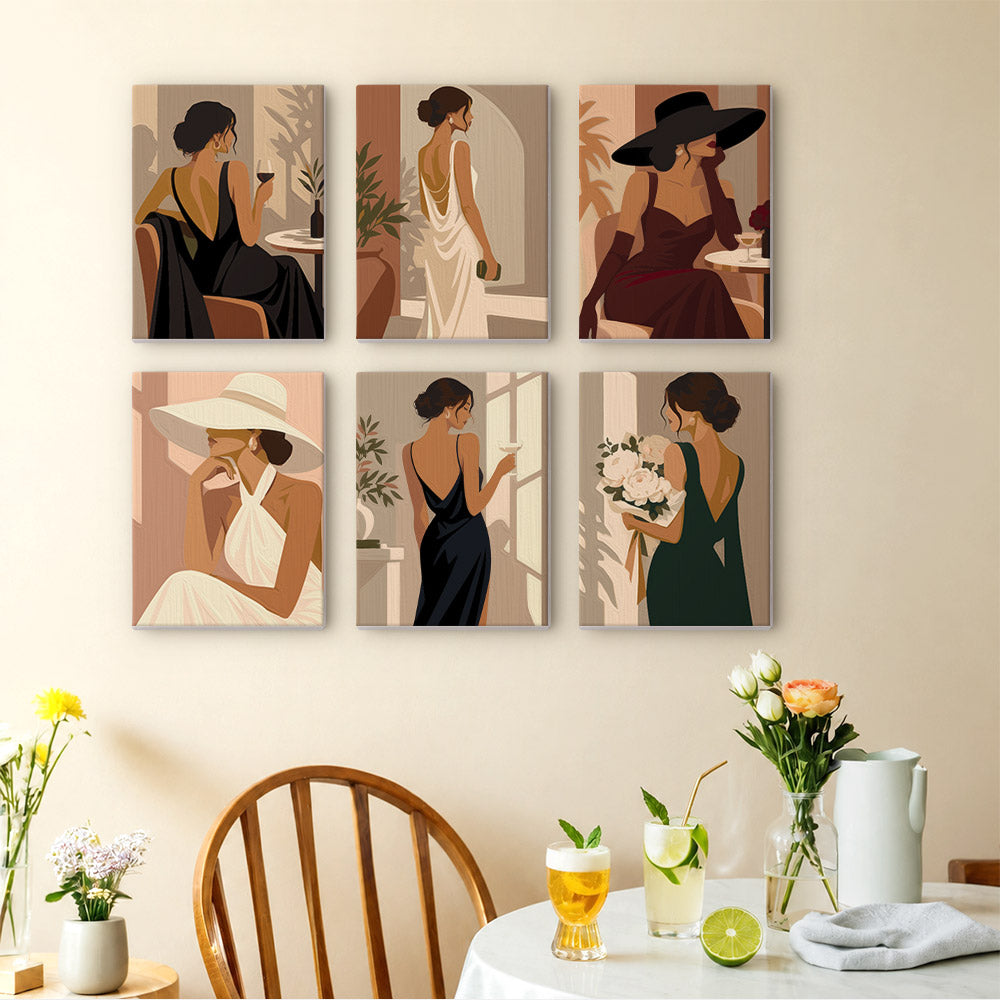 The image is a collage of six pictures depicting women in elegant dresses and hats, arranged in a grid pattern on a wall.