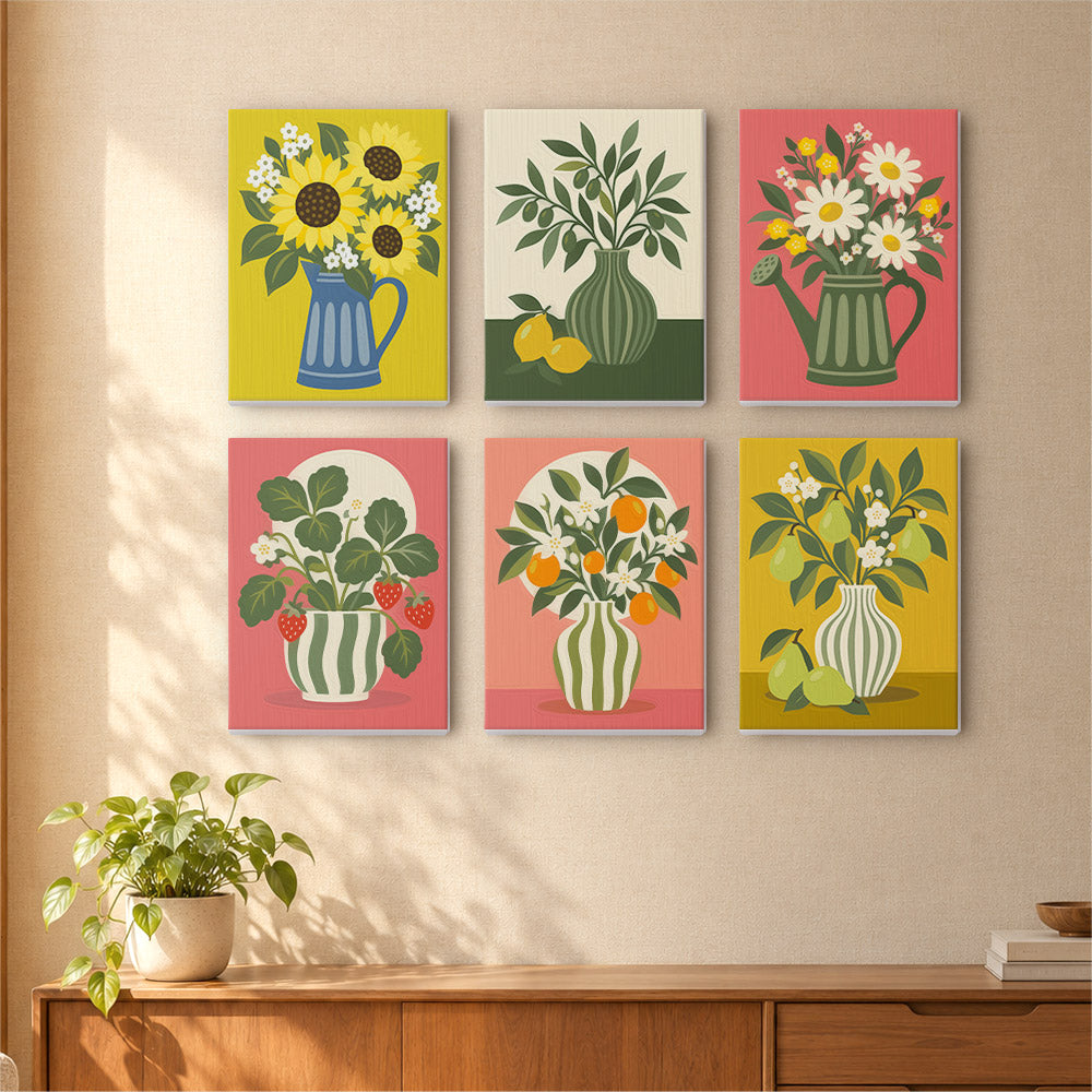 a wall with six colorful paintings of flowers and plants, each depicting a different arrangement in a vase. The paintings are arranged in a grid pattern, creating a visually appealing display.