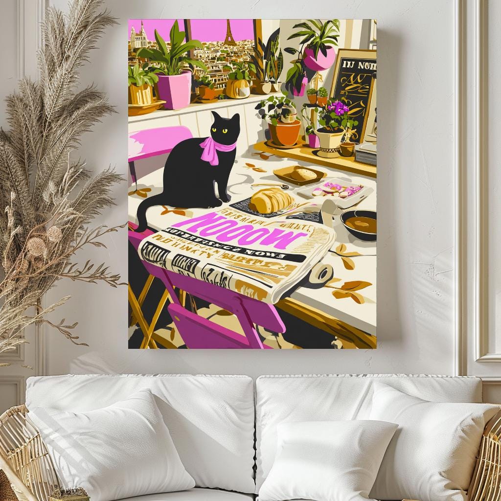 A black cat sitting on a table with various objects, including a newspaper, a plate of food, and a vase of flowers.