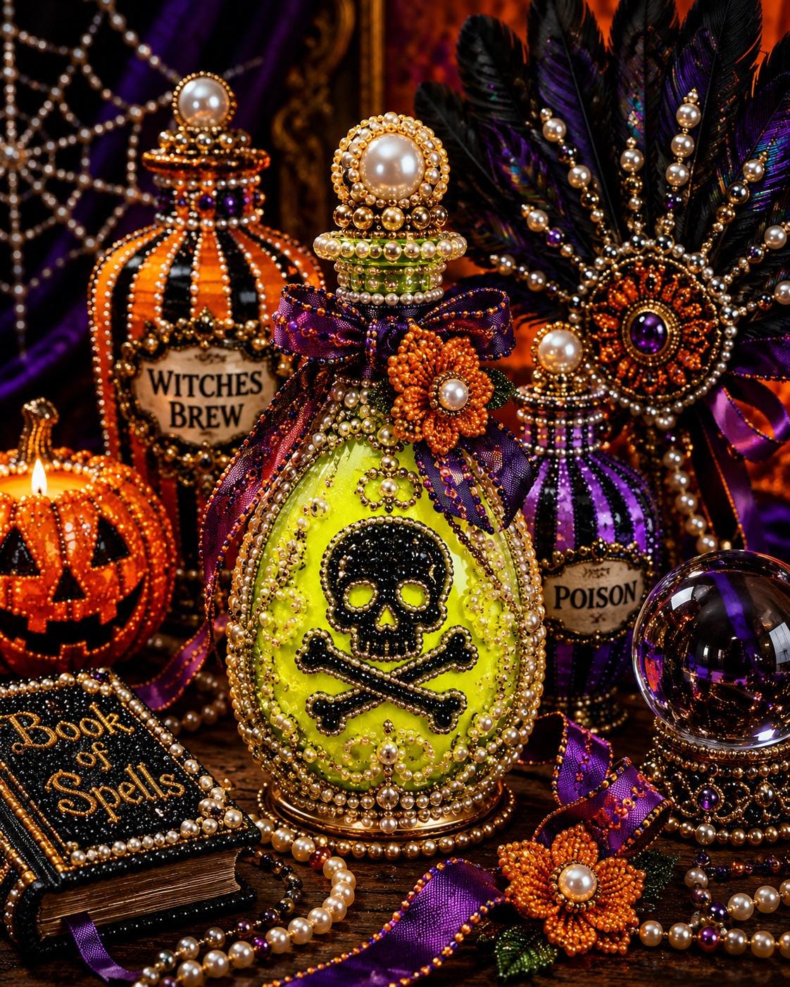 a Halloween-themed display with various decorative items, including bottles, a pumpkin, a crystal ball, and a book. The bottles are adorned with beads and pearls, and some of them have labels that read "WITCHES BREW" and "POISON". The overall scene has a spooky and festive atmosphere, with the Halloween-themed elements creating a visually striking and intriguing display.