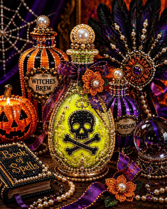 a Halloween-themed display with various decorative items, including bottles, a pumpkin, a crystal ball, and a book. The bottles are adorned with beads and pearls, and some of them have labels that read "WITCHES BREW" and "POISON". The overall scene has a spooky and festive atmosphere, with the Halloween-themed elements creating a visually striking and intriguing display.