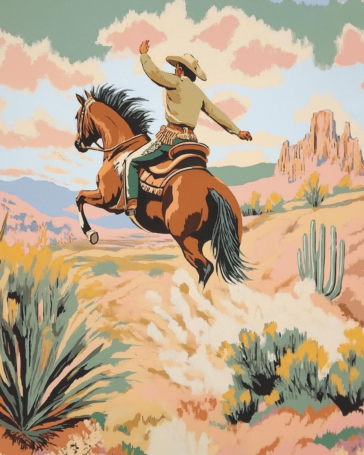 a painting of a man riding a horse in the desert