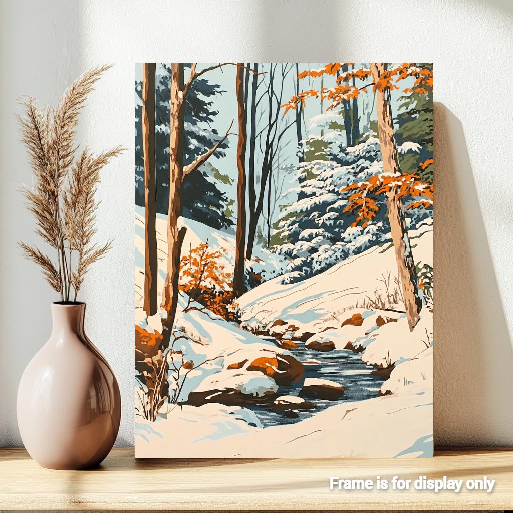 a painting of a stream in a snowy forest