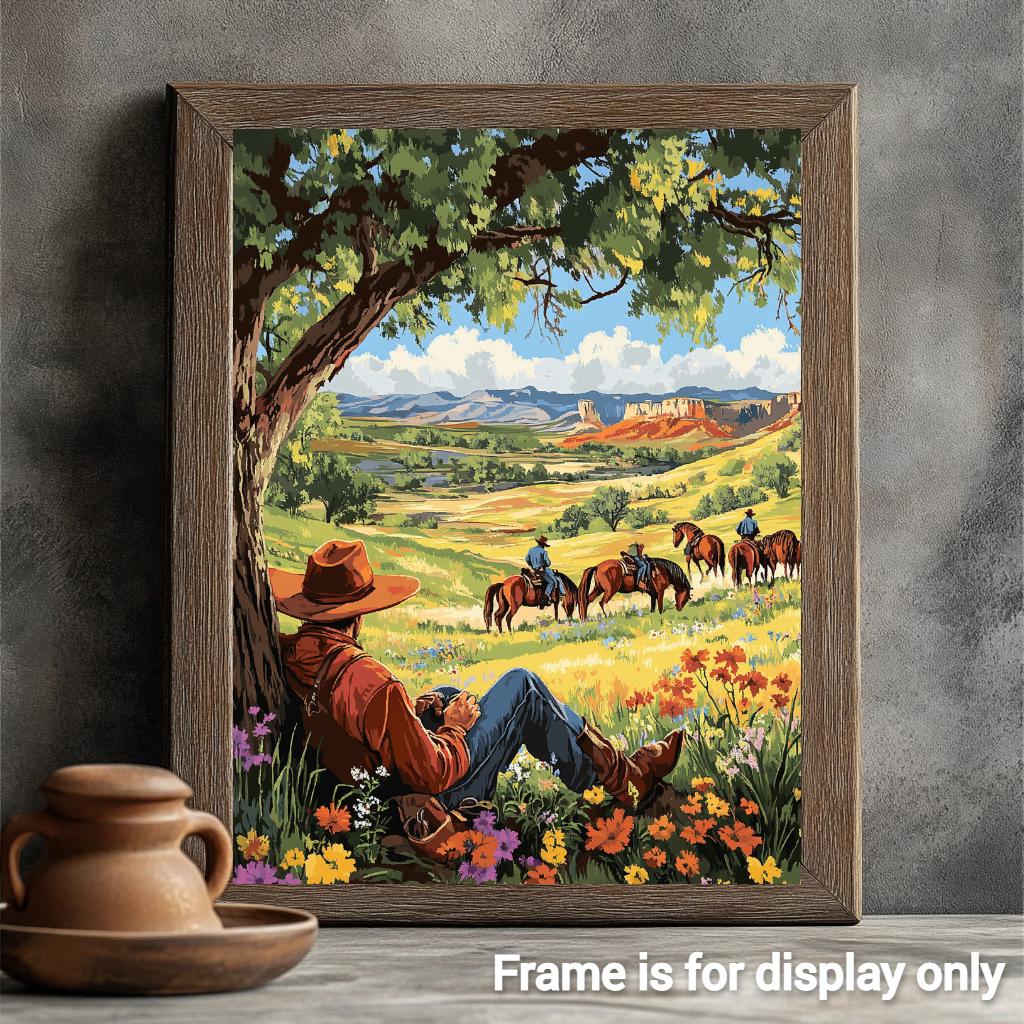 a painting of a cowboy sitting under a tree