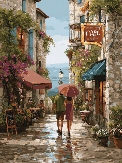 A couple walks hand-in-hand down a charming cobblestone street lined with colorful buildings, potted plants, and flowers, with a cafe sign visible.