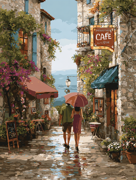 A couple walks hand-in-hand down a charming cobblestone street lined with colorful buildings, potted plants, and flowers, with a cafe sign visible.