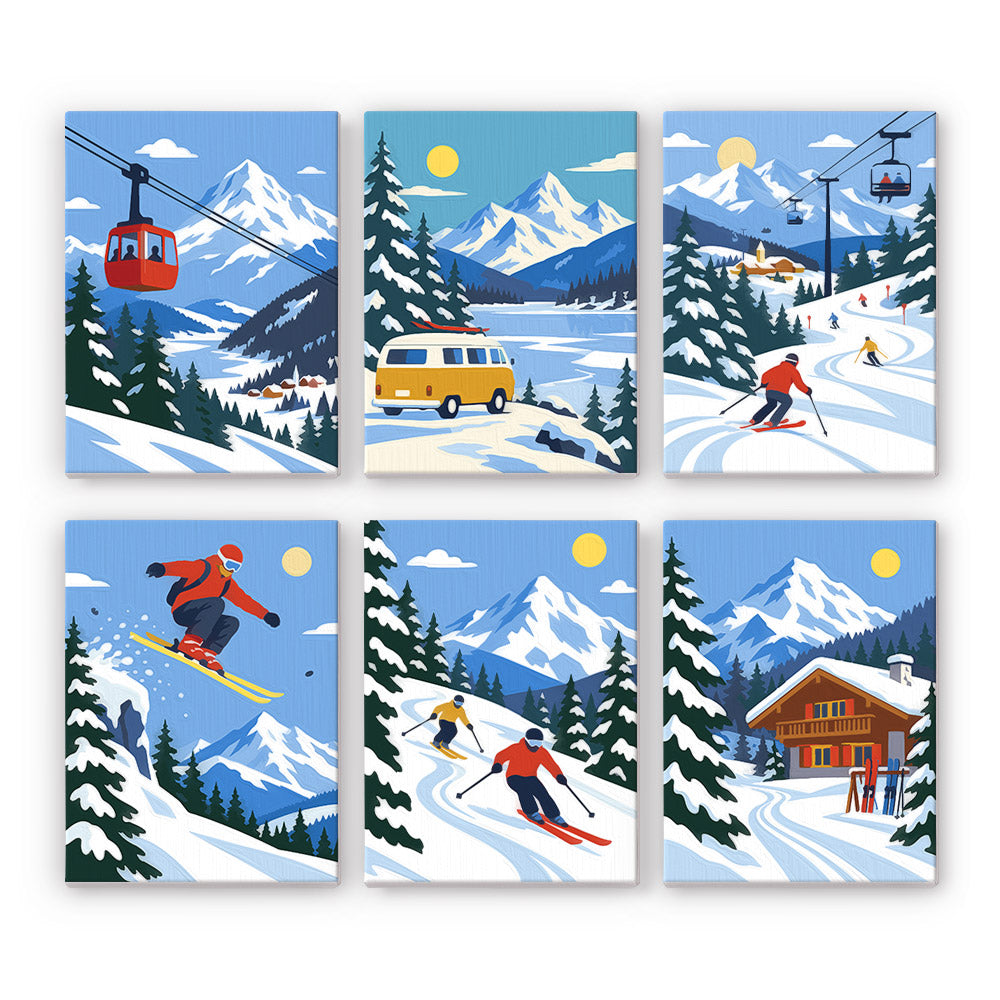 The image is a collage of six pictures depicting various winter activities, including skiing, snowboarding, and a ski lift.