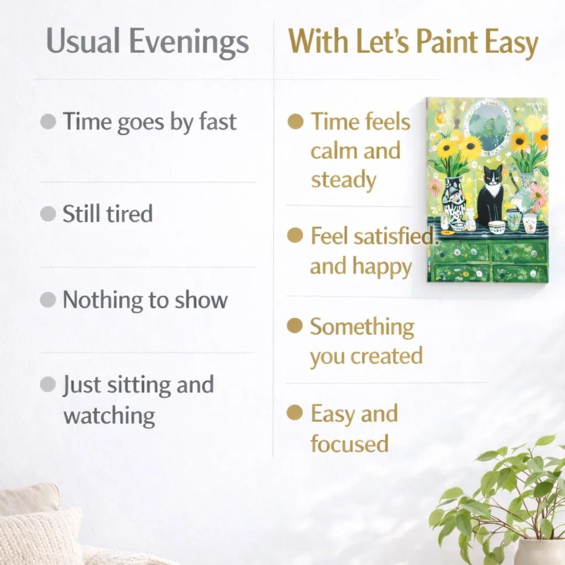 The image is a living room with a couch, a potted plant, and a painting of a cat on a dresser. The painting is titled "With Let's Paint Easy" and is described as a "Painting of a cat on a dresser".