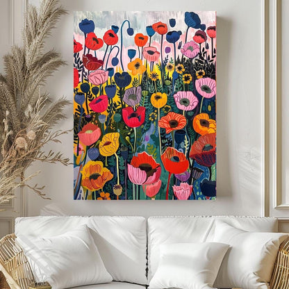 a vibrant and colorful painting of a field of flowers hanging on a wall above a white couch.