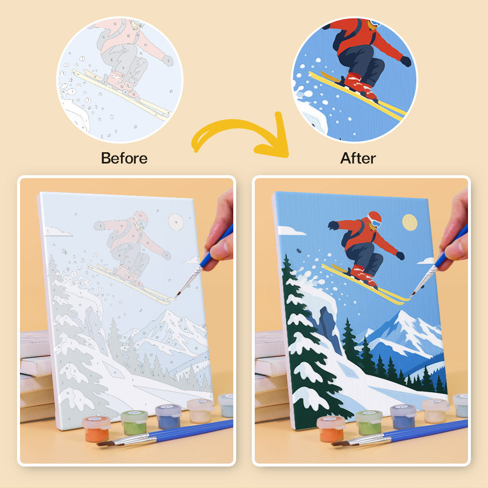 The image is a before and after comparison of a painting process. The before image shows a sketch of a person skiing, while the after image depicts the completed painting of the same scene.