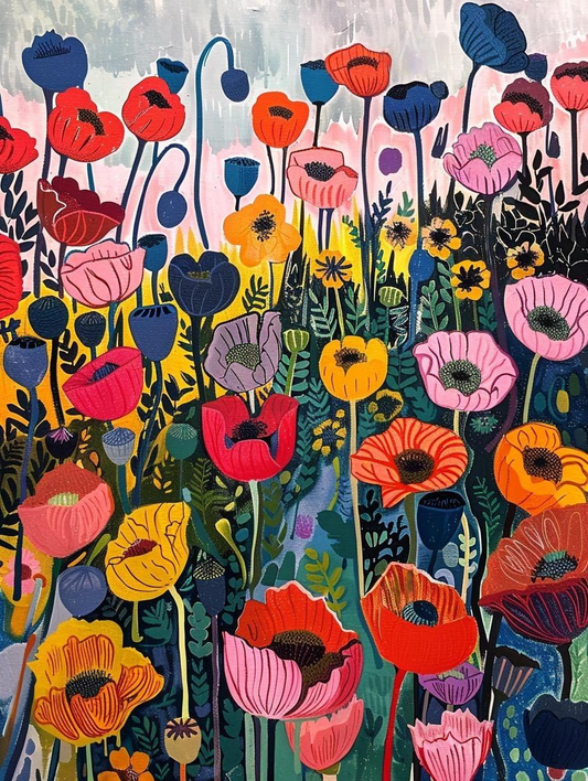 The image is a vibrant and colorful illustration of a field filled with a variety of flowers, including red, orange, yellow, and pink blooms, along with green foliage. The flowers are arranged in a way that creates a sense of depth and complexity, with some overlapping and others standing alone. The overall composition is visually striking and full of life, showcasing the beauty and diversity of nature.