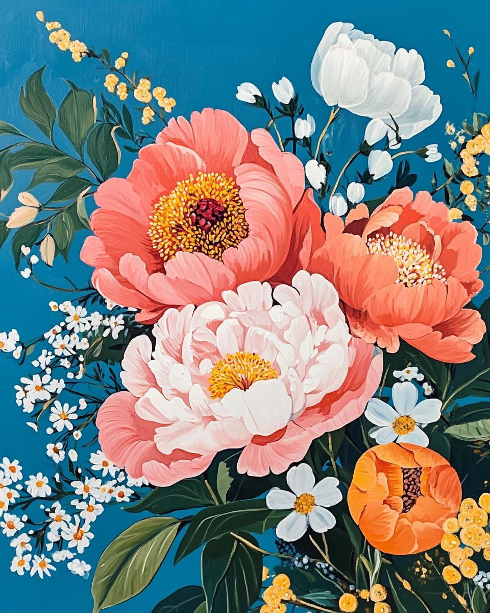 a painting of flowers on a blue background