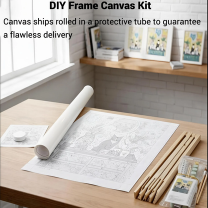 a DIY Frame Canvas Kit with a roll of paper and various art supplies, including pencils and paintbrushes, arranged on a wooden desk.