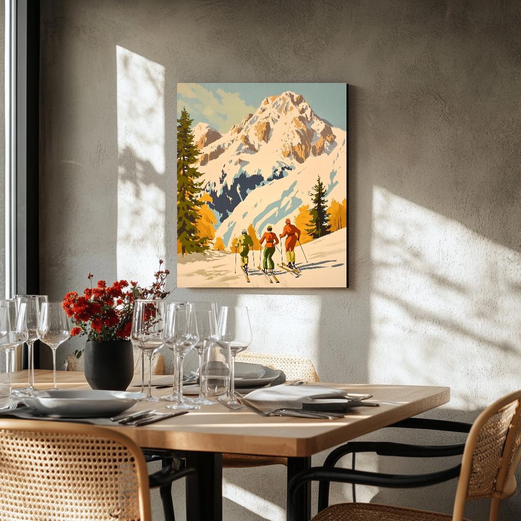 a table with a vase of flowers and a painting on the wall