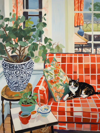 Relaxing Cat on Red Sofa