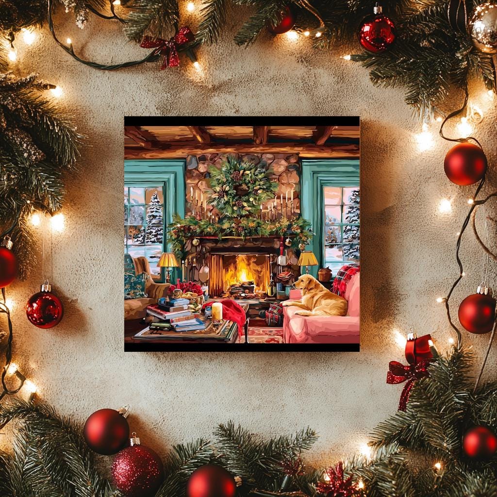 A cozy Christmas scene with a fireplace, a dog, and various holiday decorations, including ornaments and lights, creating a warm and festive atmosphere.