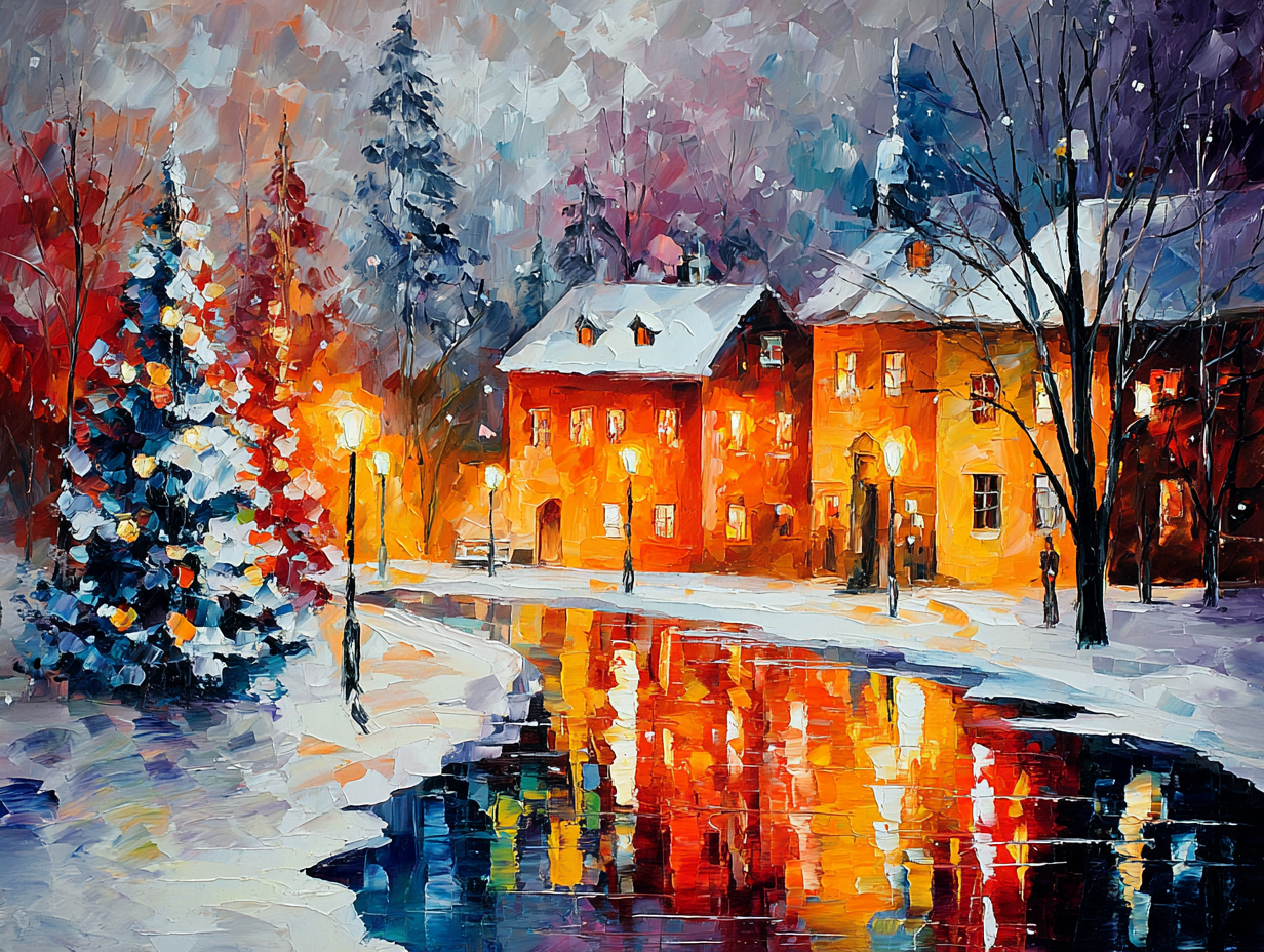 The image is a vibrant painting depicting a snowy village scene with colorful buildings, a frozen river, and a Christmas tree.