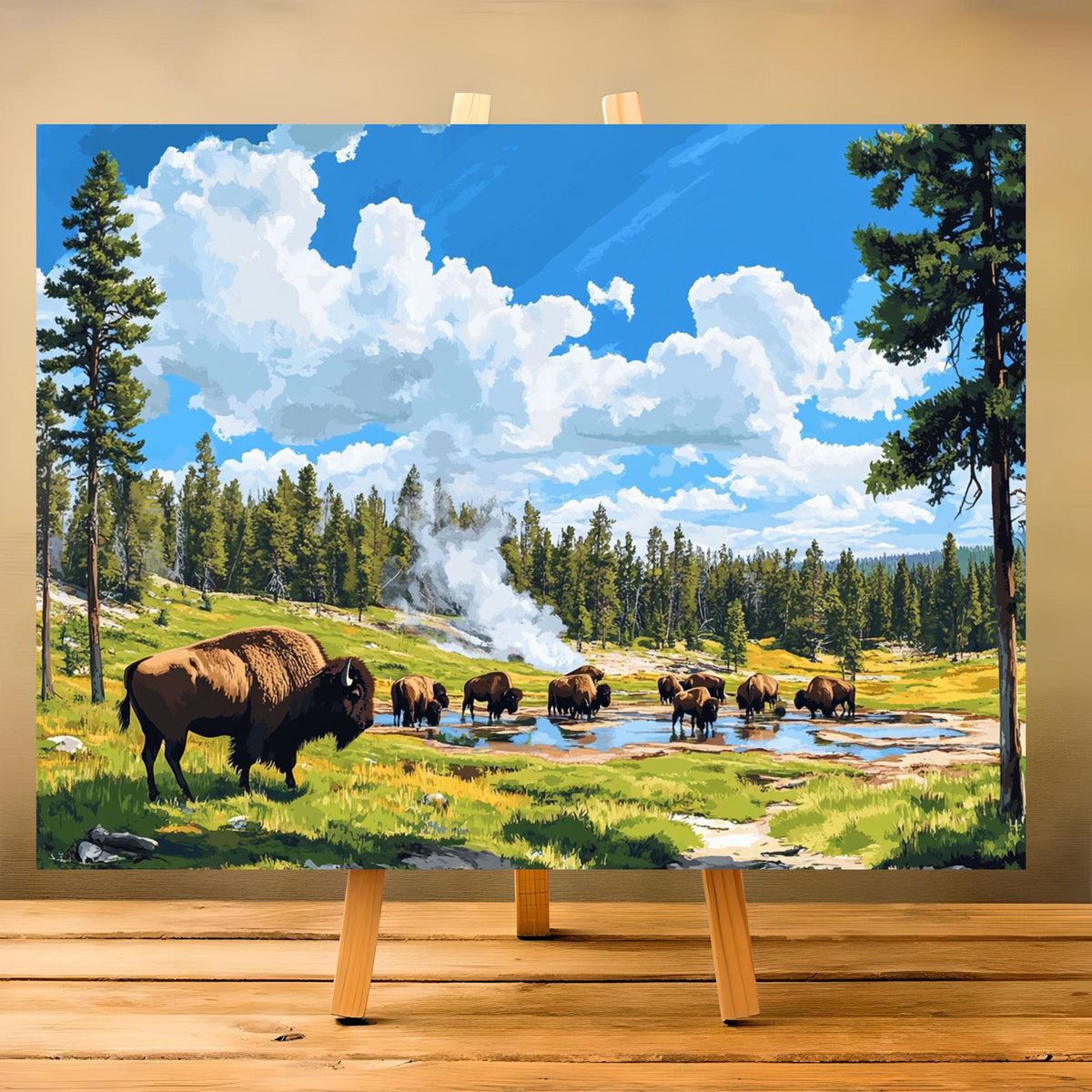 a painting of a herd of bison in a field