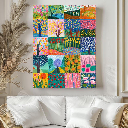 a vibrant, colorful collage of various landscapes and floral scenes, including trees, flowers, and other natural elements, displayed on a wall above a white couch.