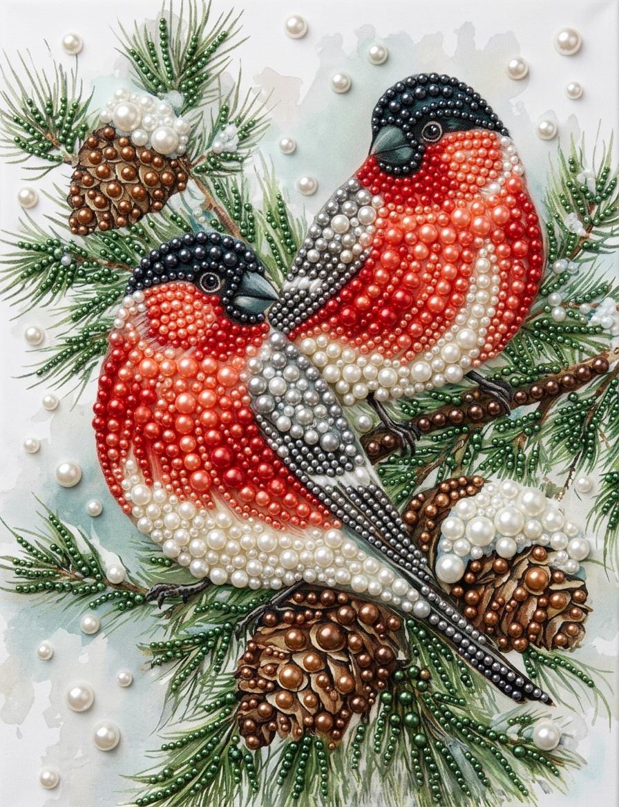 A detailed painting of two red birds with black beaks and necks, adorned with numerous small pearls and pinecones, set against a backdrop of pine branches and snow.